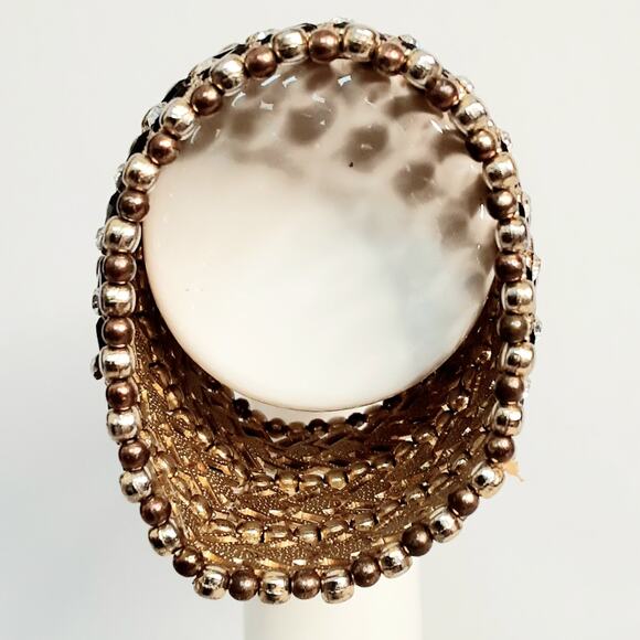 Beaded Wide Stretch Bracelet Chevron Design Gold Tone Black Clear Stones - Picture 4 of 9